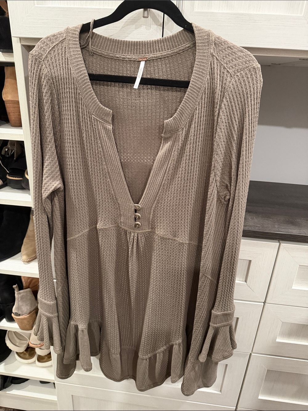 Free People Taupe Waffle Knit Ruffle-Hem Long Sleeve Top